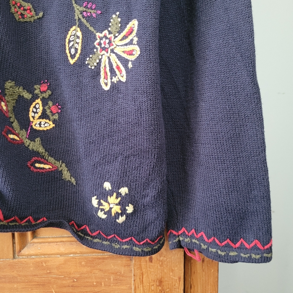90s Boho Floral Embroidered Cardigan Navy Blue XL 12-14 - Picture 8 of 16